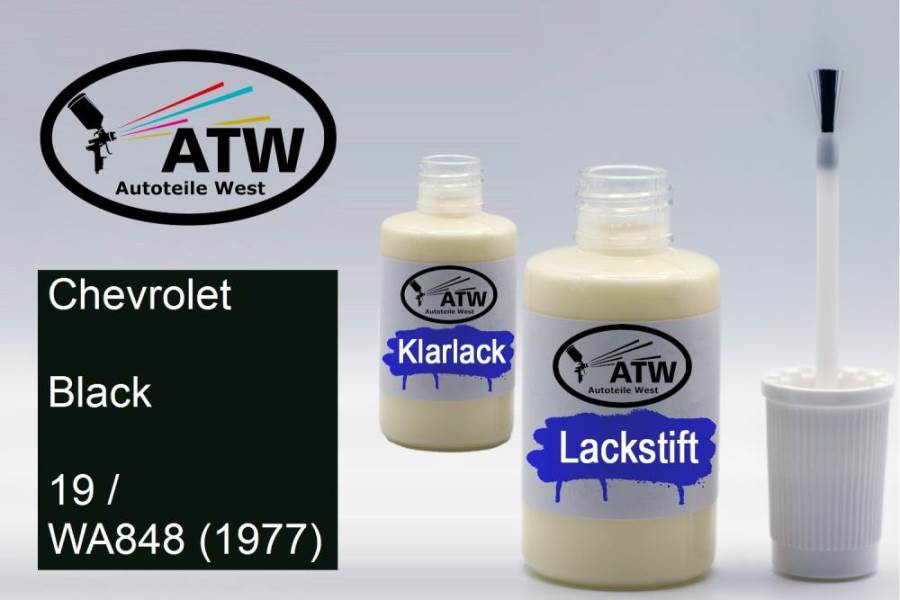 Chevrolet, Black, 19 / WA848 (1977): 20ml Lackstift + 20ml Klarlack - Set, von ATW Autoteile West.